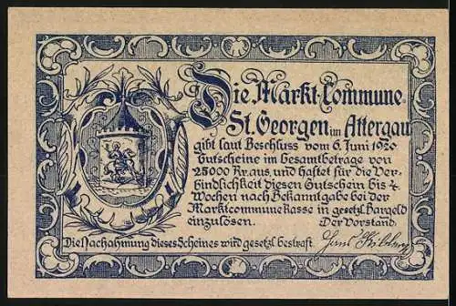 Notgeld St. Georgen im Attergau 1921, 50 Heller, Baum und Wappen, Text über grosse Not und Zeugenschaft