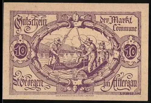 Notgeld St. Georgen 1920, 10 Heller, Fischer auf See, Wappen und Inschrift