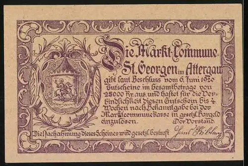 Notgeld St. Georgen 1920, 10 Heller, Fischer auf See, Wappen und Inschrift