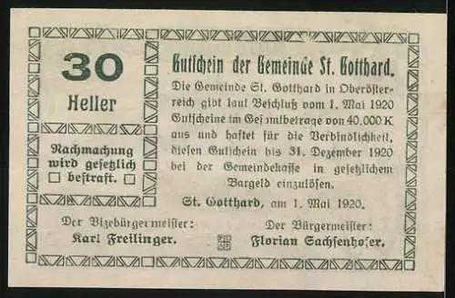 Notgeld St. Gotthard 1920, 30 Heller, Schloss Eschelberg, Wappen und Text