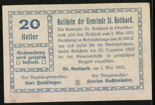 Notgeld St. Gotthard 1920, 20 Heller, Landschaftsansicht mit Brücke und Gebäude bei Rotteneck