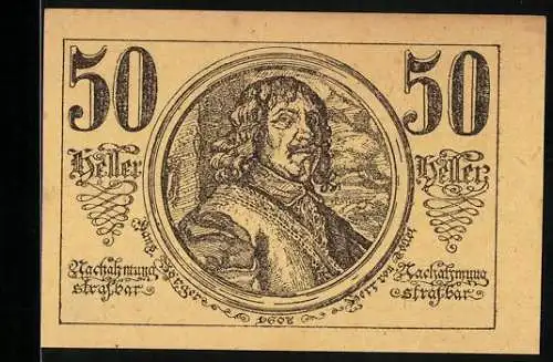 Notgeld St. Georgen und Tollet 1920, 50 Heller, Porträt eines Mannes, Wappen mit Krone und Schriftzug