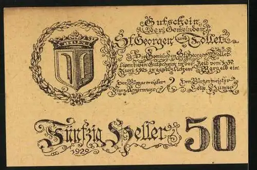 Notgeld St. Georgen und Tollet 1920, 50 Heller, Porträt eines Mannes, Wappen mit Krone und Schriftzug