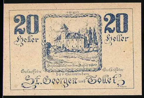 Notgeld St. Georgen und Tollet 1920, 20 Heller, Schloss Tollet 1602, Wappen und Schriftzu