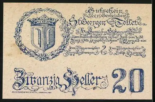 Notgeld St. Georgen und Tollet 1920, 20 Heller, Schloss Tollet 1602, Wappen und Schriftzu