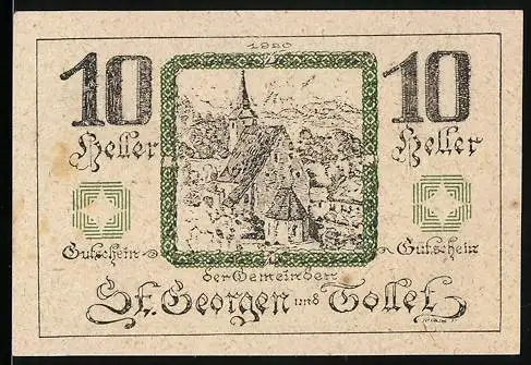 Notgeld St. Georgen und Tollet 1920, 10 Heller, Stadtansicht und Wappen