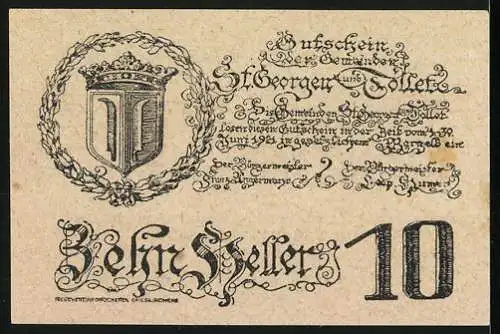 Notgeld St. Georgen und Tollet 1920, 10 Heller, Stadtansicht und Wappen