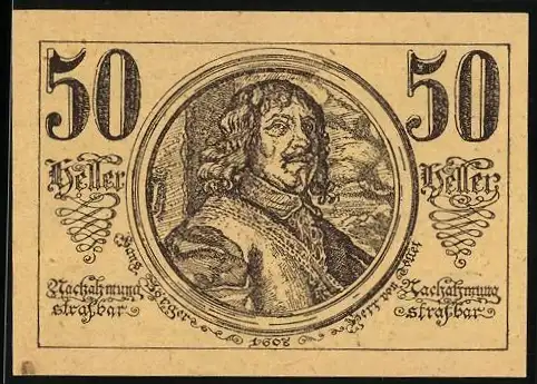 Notgeld St. Georgen und Tollet 1920, 50 Heller, Porträt eines Mannes, Wappen und Schriftzug