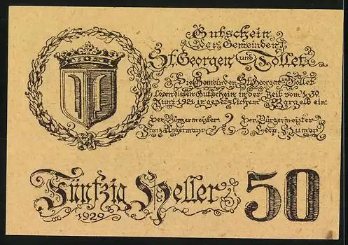 Notgeld St. Georgen und Tollet 1920, 50 Heller, Porträt eines Mannes, Wappen und Schriftzug