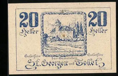 Notgeld St. Georgen und Tollet 1920, 20 Heller, Schloss Tollet von 1602, Wappen