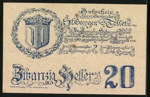 Notgeld St. Georgen und Tollet 1920, 20 Heller, Schloss Tollet von 1602, Wappen