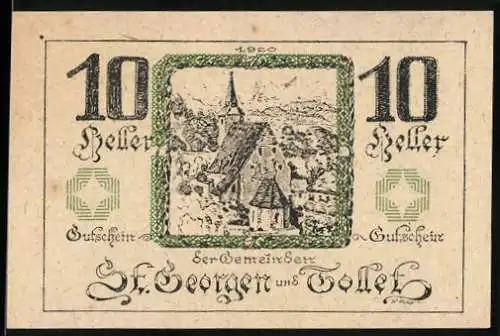 Notgeld St. Georgen und Tollet 1920, 10 Heller, Stadtansicht mit Kirche, Wappen und Schriftzug