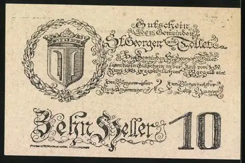 Notgeld St. Georgen und Tollet 1920, 10 Heller, Stadtansicht mit Kirche, Wappen und Schriftzug