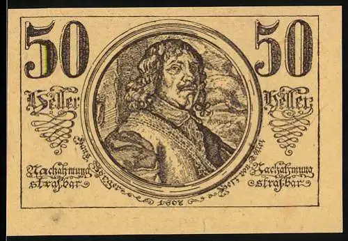 Notgeld St. Georgen und Tollet 1920, 50 Heller, Porträt eines Mannes und Wappen im Kranz