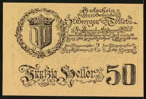 Notgeld St. Georgen und Tollet 1920, 50 Heller, Porträt eines Mannes und Wappen im Kranz