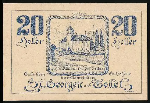 Notgeld St. Georgen und Tollet, 1920, 20 Heller, Schloss Tollet, Wappen im Kranz