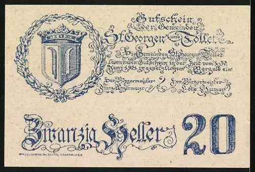 Notgeld St. Georgen und Tollet, 1920, 20 Heller, Schloss Tollet, Wappen im Kranz