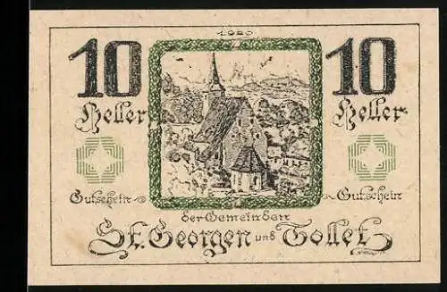 Notgeld St. Georgen und Tollet 1920, 10 Heller, Dorflandschaft und Wappen