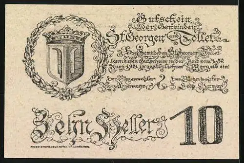 Notgeld St. Georgen und Tollet 1920, 10 Heller, Dorflandschaft und Wappen