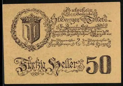 Notgeld St. Georgen und Tollet 1920, 50 Heller, Porträt eines Mannes und Wappen mit Krone