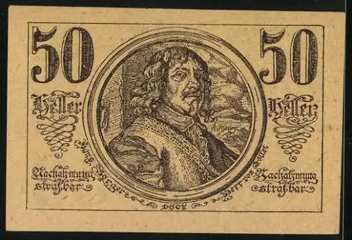 Notgeld St. Georgen und Tollet 1920, 50 Heller, Porträt eines Mannes und Wappen mit Krone