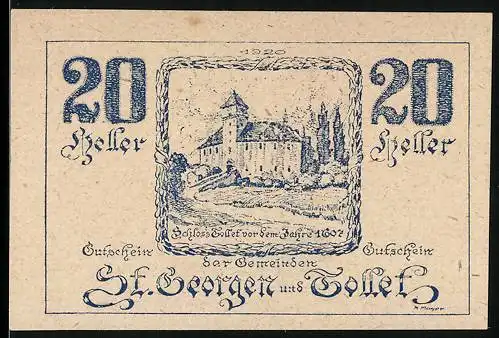 Notgeld St. Georgen und Tollet 1920, 20 Heller, Schloss Tollet 1602, Wappen