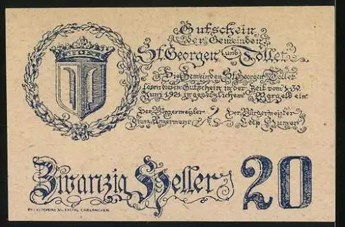 Notgeld St. Georgen und Tollet 1920, 20 Heller, Schloss Tollet 1602, Wappen