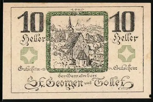 Notgeld St. Georgen und Tollet 1920, 10 Heller, Stadtansicht und Wappen mit Kranz