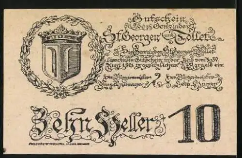 Notgeld St. Georgen und Tollet 1920, 10 Heller, Stadtansicht und Wappen mit Kranz