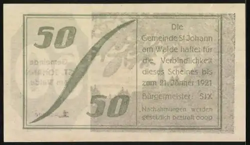 Notgeld St. Johann am Walde, 1920, 50 Heller, Kirche und Tannenzapfen im Wald, 1. Auflage