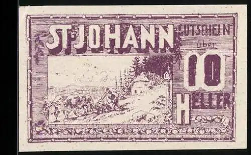 Notgeld St. Johann 1920, 10 Heller, Pflügende Bauernszene und Textfeld