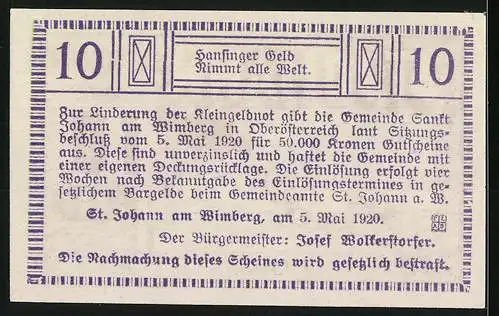 Notgeld St. Johann 1920, 10 Heller, Pflügende Bauernszene und Textfeld