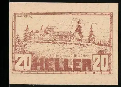 Notgeld St. Johann 1920, 20 Heller, Landschaft mit Gebäuden und Bäumen, Text über Kriegs- und Notzeiten