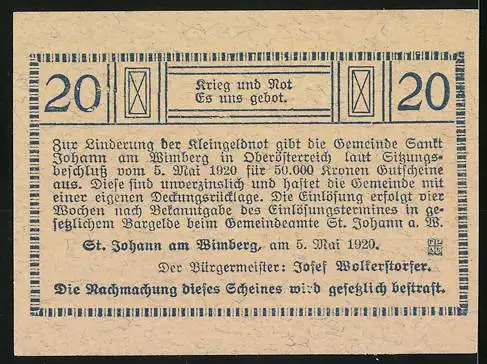 Notgeld St. Johann 1920, 20 Heller, Landschaft mit Gebäuden und Bäumen, Text über Kriegs- und Notzeiten