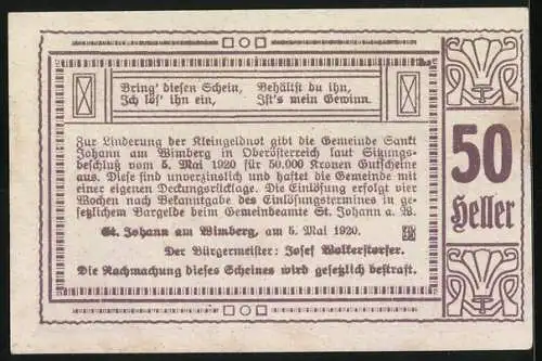 Notgeld St. Johann am Wimberg 1920, 50 Heller, Dorflandschaft und Textpassagen