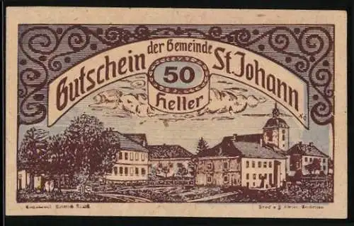 Notgeld St. Johann 1920, 50 Heller, Stadtansicht mit historischen Gebäuden, Gutschein der Gemeinde