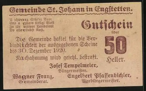 Notgeld St. Johann 1920, 50 Heller, Stadtansicht mit historischen Gebäuden, Gutschein der Gemeinde