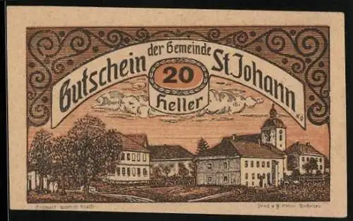 Notgeld St. Johann 1920, 20 Heller, Dorflandschaft mit Gebäuden und Bäumen, Textaussagen und Unterschriften