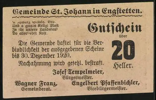 Notgeld St. Johann 1920, 20 Heller, Dorflandschaft mit Gebäuden und Bäumen, Textaussagen und Unterschriften