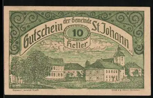 Notgeld St. Johann 1920, 10 Heller, Gebäude und Landschaftsmotiv, Gutschein der Gemeinde