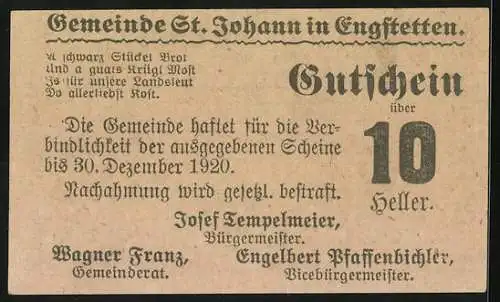 Notgeld St. Johann 1920, 10 Heller, Gebäude und Landschaftsmotiv, Gutschein der Gemeinde