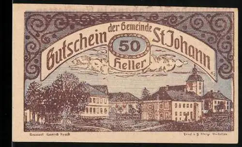 Notgeld St. Johann 1920, 50 Heller, Ortsansicht mit Gebäuden und Landschaftsmotiv