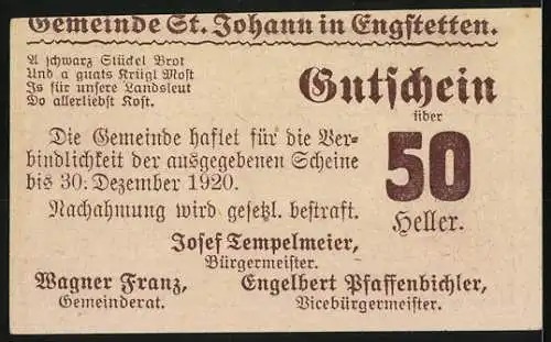 Notgeld St. Johann 1920, 50 Heller, Ortsansicht mit Gebäuden und Landschaftsmotiv