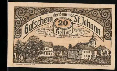 Notgeld St. Johann 1920, 20 Heller, städtische Gebäude und dekoratives Muster