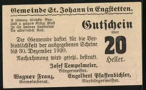 Notgeld St. Johann 1920, 20 Heller, städtische Gebäude und dekoratives Muster