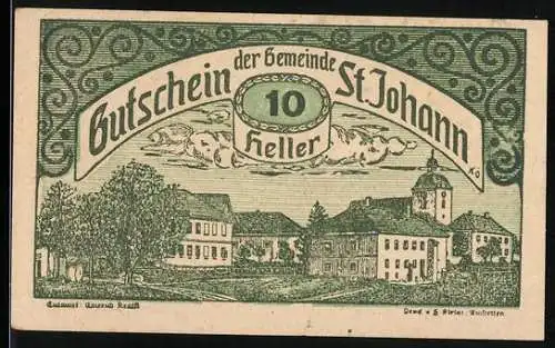 Notgeld St. Johann 1920, 10 Heller, Landschaftsansicht mit Gebäuden und Kirche