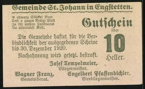 Notgeld St. Johann 1920, 10 Heller, Landschaftsansicht mit Gebäuden und Kirche