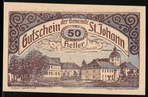 Notgeld St. Johann 1920, 50 Heller, Gemeindeansicht mit dekorativen Mustern