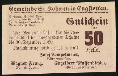 Notgeld St. Johann 1920, 50 Heller, Gemeindeansicht mit dekorativen Mustern
