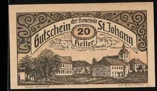 Notgeld St. Johann 1920, 20 Heller, Landschaftsansicht der Gemeinde mit Gebäuden